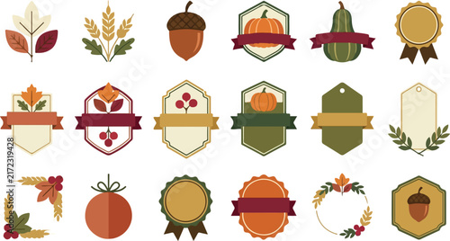 Autumn harvest icons set with pumpkins, acorns and wheat. Flat design vector graphics for fall logo, label, and badge. Red and orange rustic design elements. Halloween
