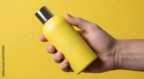Hand holding a sleek yellow reusable metal water bottle with a metallic cap against a vibrant solid yellow studio background