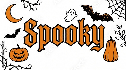 Spooky halloween text design with pumpkins bats and moon isolated on a white background for holiday party