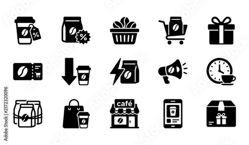 Collection of coffee shop icons vectors featuring beverage cups beans and cafe equipment for menu and branding