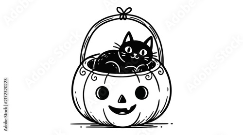 Hand Drawn Halloween Cat and Gourd Illustration. Black and White Cartoon Feline Sitting Inside a Pumpkin Basket Icon for Tricks or Treats Holiday Design