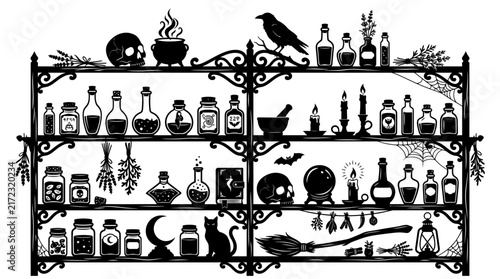 Halloween potion shelf silhouette vector illustration. Witchcraft ingredients, potions, skulls, broom, jars, and herbs on shelves. Magic fairy tale design for T-shirt print, card, scrapbooking