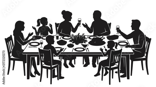 Thanksgiving dinner family gathering silhouette vector. Family eating together on Thanksgiving table. Abstract meal gathering people vector illustration.