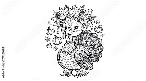 Cute kawaii turkey coloring page. Doodle animal with pumpkins and autumn leaves. Black and white vector illustration for kids activity books