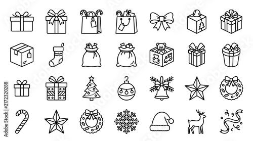 Hand-drawn Christmas icons collection. Black outline illustration design elements. Vector symbols for holiday decoration, cards, and web design. Isolated on white background.