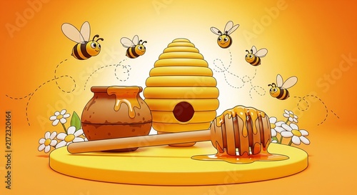 Honey Bee Hive with Honey Pot and Dipper on Yellow Platform - 3D Illustration of Summer Farm Theme Concept