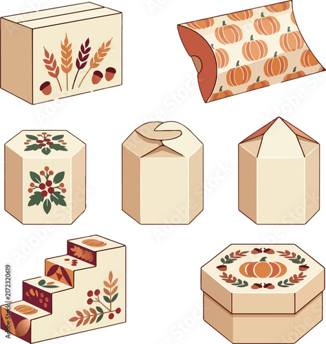 Paper packaging set with box and display stand; vector illustration for shopping and marketing; seasonal food and cosmetic design Halloween