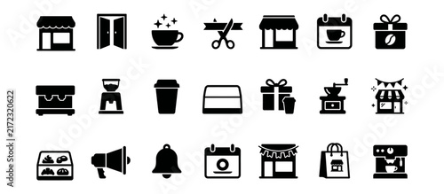 Collection of coffee shop vectors icons featuring beverage cups beans and cafe equipment for menu and branding design