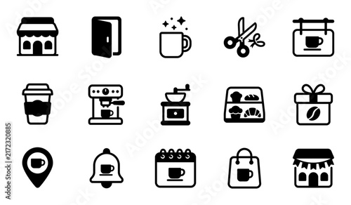 Collection of coffee shop vectors icons featuring various beverage containers and cafe related equipment