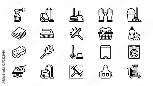 Collection of cleaning tools and household appliances icons isolated on transparent background