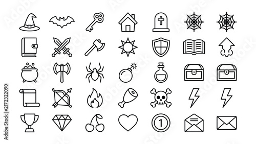 Collection of Halloween and fantasy icons with transparent background for digital use