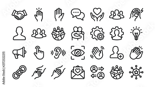 Collection of various hand gesture and communication icon illustrations isolated on transparent background