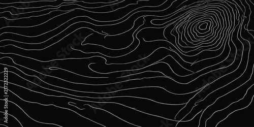 Complex topographic map contour lines pattern with white dashed circles on a dark background elevation circles abstract lines black background geographic topography cartography abstract