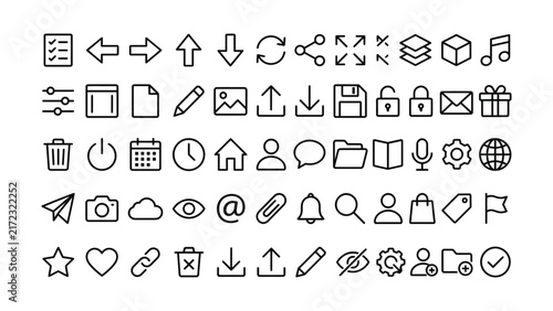Collection of minimalist line icons set on transparent background for various uses