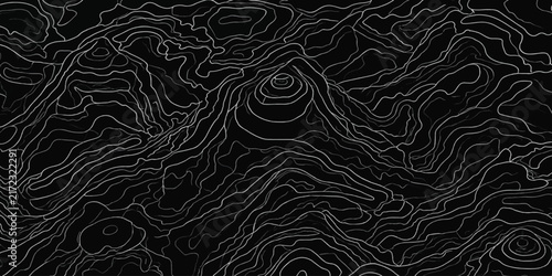 Complex topographic map contour lines pattern with white dashed circles on a dark background elevation circles abstract lines black background geographic topography cartography abstract
