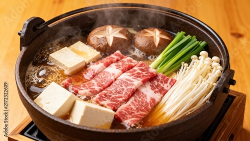 A bubbling hot pot of Japanese sukiyaki featuring thinly sliced marbled beef, tofu, shirataki noodles, Napa cabbage, enoki mushrooms, and shiitake, simmered in a sweet-savory soy-based broth, ready fo