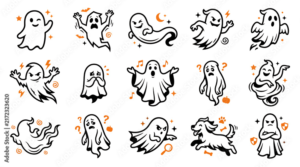 Obraz premium Set of cute cartoon ghosts for Halloween, Halloween 2026, Halloween png, Halloween element isolated on transparent background