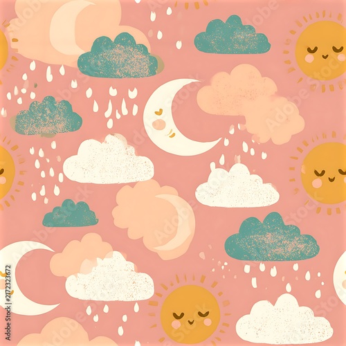 Cute sun and cloud seamless pattern with smiling faces and rain