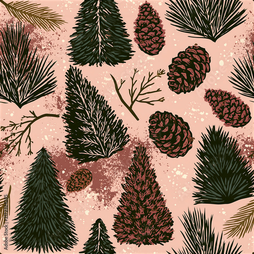 Seamless fir tree pattern with pine cones on a pink background