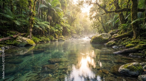 Sunlight filtering through the lush green trees of a tropical rainforest over a clear river.
