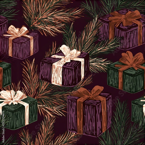 Seamless pattern of holiday parcels and pine sprigs in rich colors