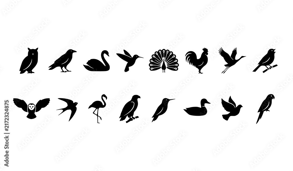 Naklejka premium Bird Black Silhouette Vector Set, Owl Peacock Hummingbird Crane Swan and Rooster Icons