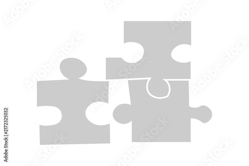 This image is a minimalist, flat-style vector icon featuring three interlocking jigsaw puzzle pieces. Rendered in a solid light gray color against a clean white background,