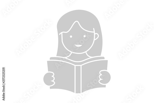 This image is a minimalist, flat-style vector icon of a girl or female student reading an open book. Set against a plain white background,