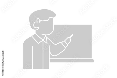This image is a minimalist, flat-style vector icon representing a teacher or instructor in a classroom setting. Set against a plain white background,