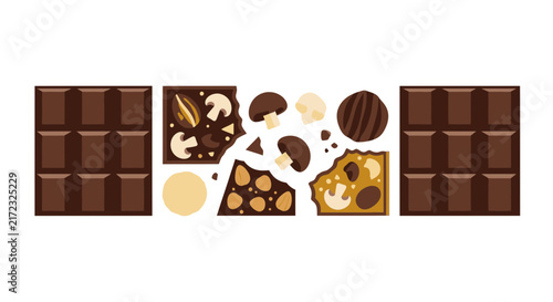 Mushroom Chocolate Bar and Pieces with Almonds and Truffles Vector Illustration