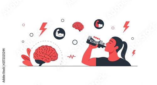 Woman Drinking Energy Elixir for Brain Power and Muscle Strength Vector Illustration