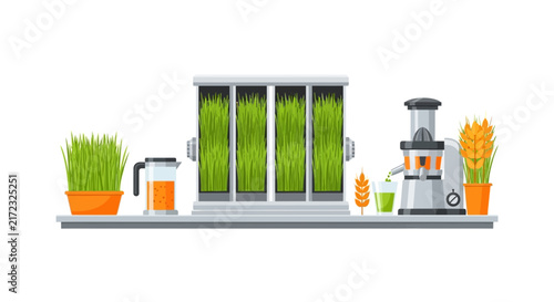 Wheatgrass Growing Kit and Slow Juicer Vector Illustration for Health and Wellness