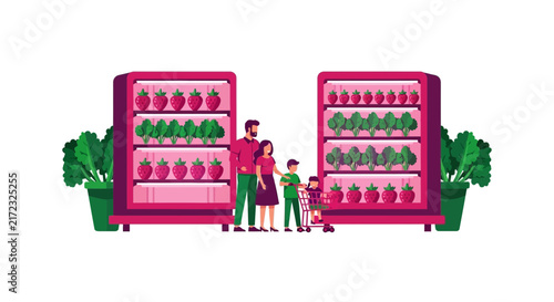 Family Shopping at Sustainable Indoor Vertical Farm Illustration