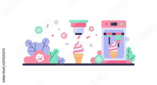 Automated Soft Serve Ice Cream Machine Flat Vector Illustration