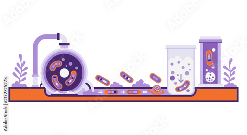 Stylized Biotechnology Factory Illustration for Microbiology and Bacteria Production