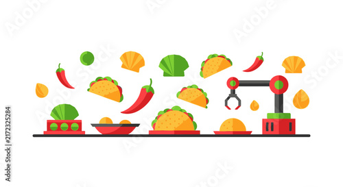 Automated Taco Production Line Flat Vector Illustration with Robotic Arm and Mexican Food Elements