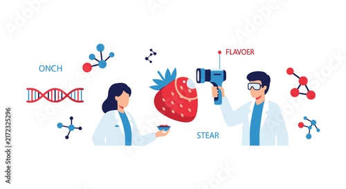 Food science biotechnology illustration with scientists analyzing a strawberry in a laboratory