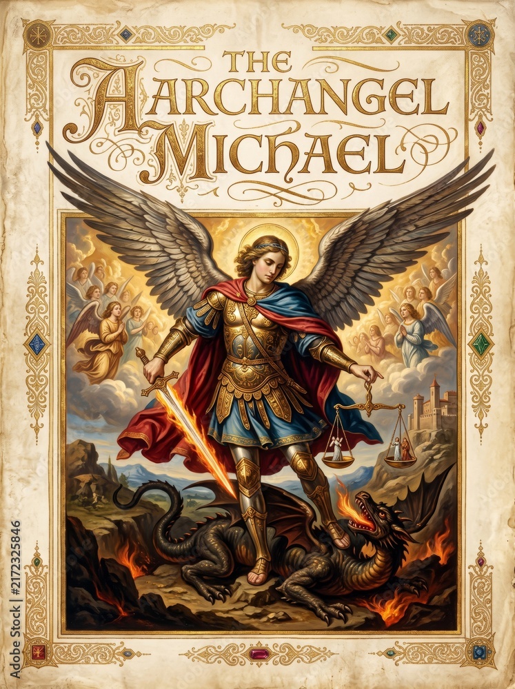 Fototapeta premium Archangel Michael in golden armor defeating dragon with flaming sword and scales. Vintage religious illustration with ornate border, angels and heaven. Christian faith, protection and victory concept