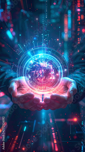 Hands cradling a glowing digital globe, symbolizing future innovation and global technology. This conceptual, abstract artwork conveys connectivity and infinite possibilities. Modern, no people.