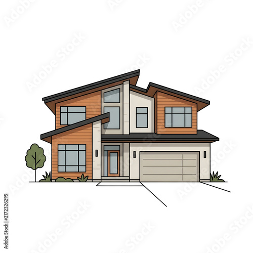 Modern two story house vector illustration with wood siding and garage isolated on transparent background