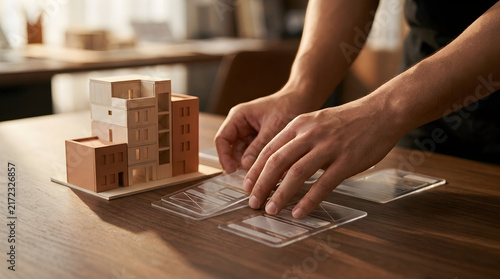 Architect working on a modern building model with glass panels on desk
