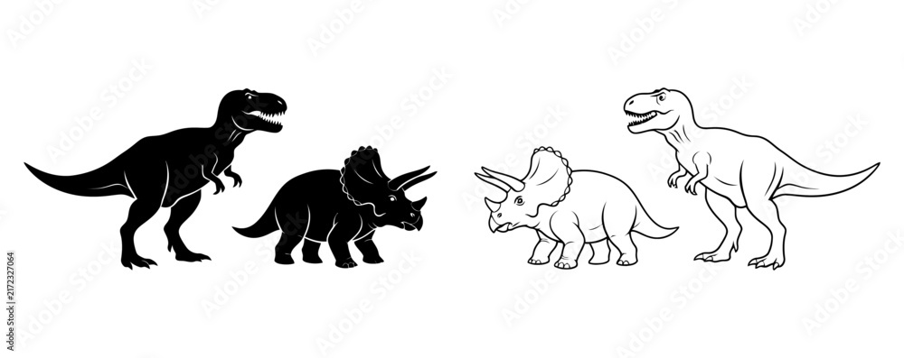 Fototapeta premium Triceratops and Tyrannosaurus Rex Icons Set, Black and White Outline Illustrations, Prehistoric Animal Design.