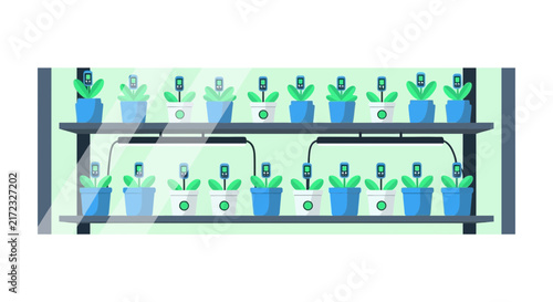 Smart Indoor Vertical Farming Illustration with IoT Sensors and LED Grow Lights for Automated Plant Care