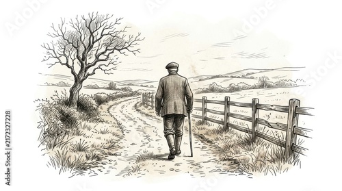 Old man walking with a cane on a country path