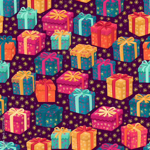 Seamless texture with colorful birthday packages on dark background