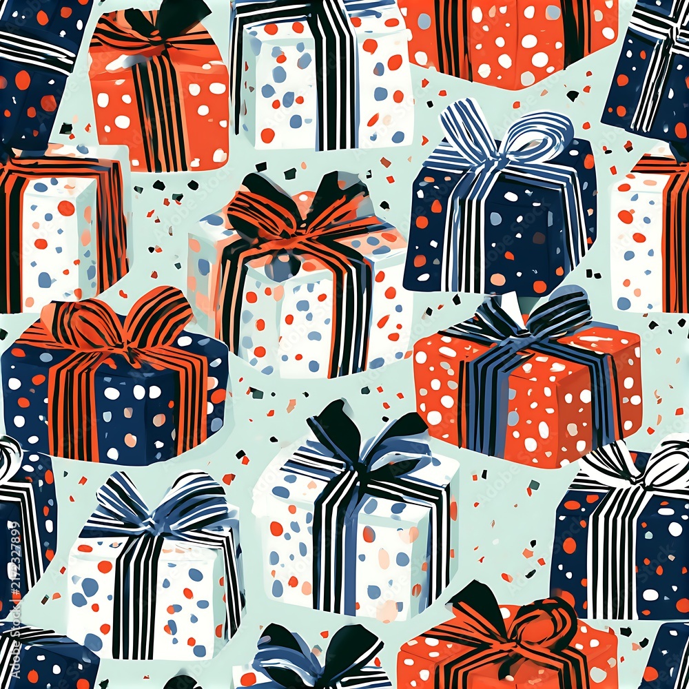 Obraz premium Tileable texture with festive present boxes and ribbons on light background
