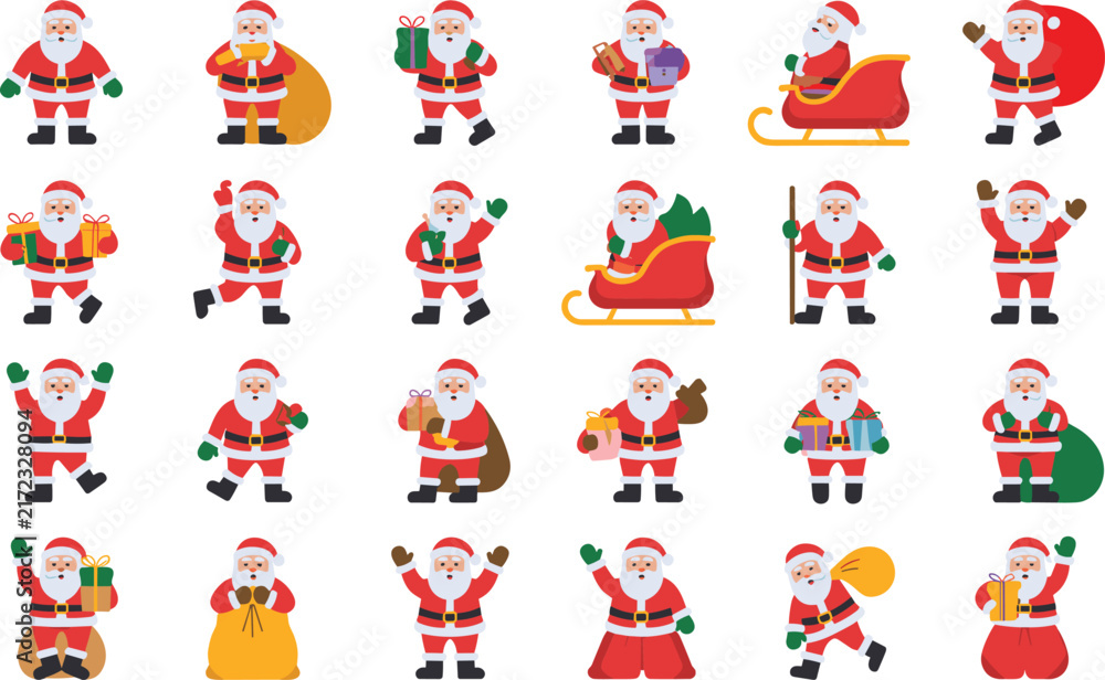 Obraz premium Santa Claus character collection featuring various poses with sacks and gifts for holidays
