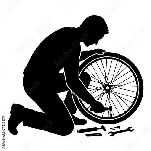 Mechanic fixing bicycle wheel tire and spokes with tools silhouette