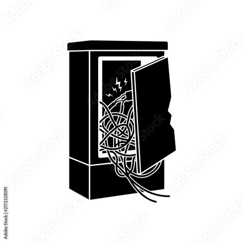 Damaged electrical junction box with tangled wires and sparks
