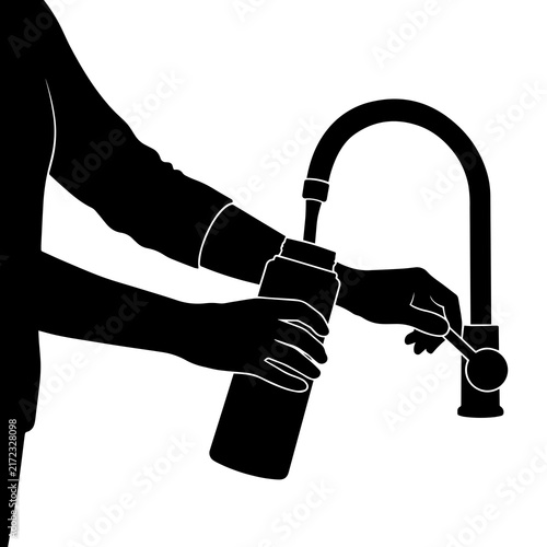 Person filling water bottle from kitchen tap faucet silhouette with silhouette